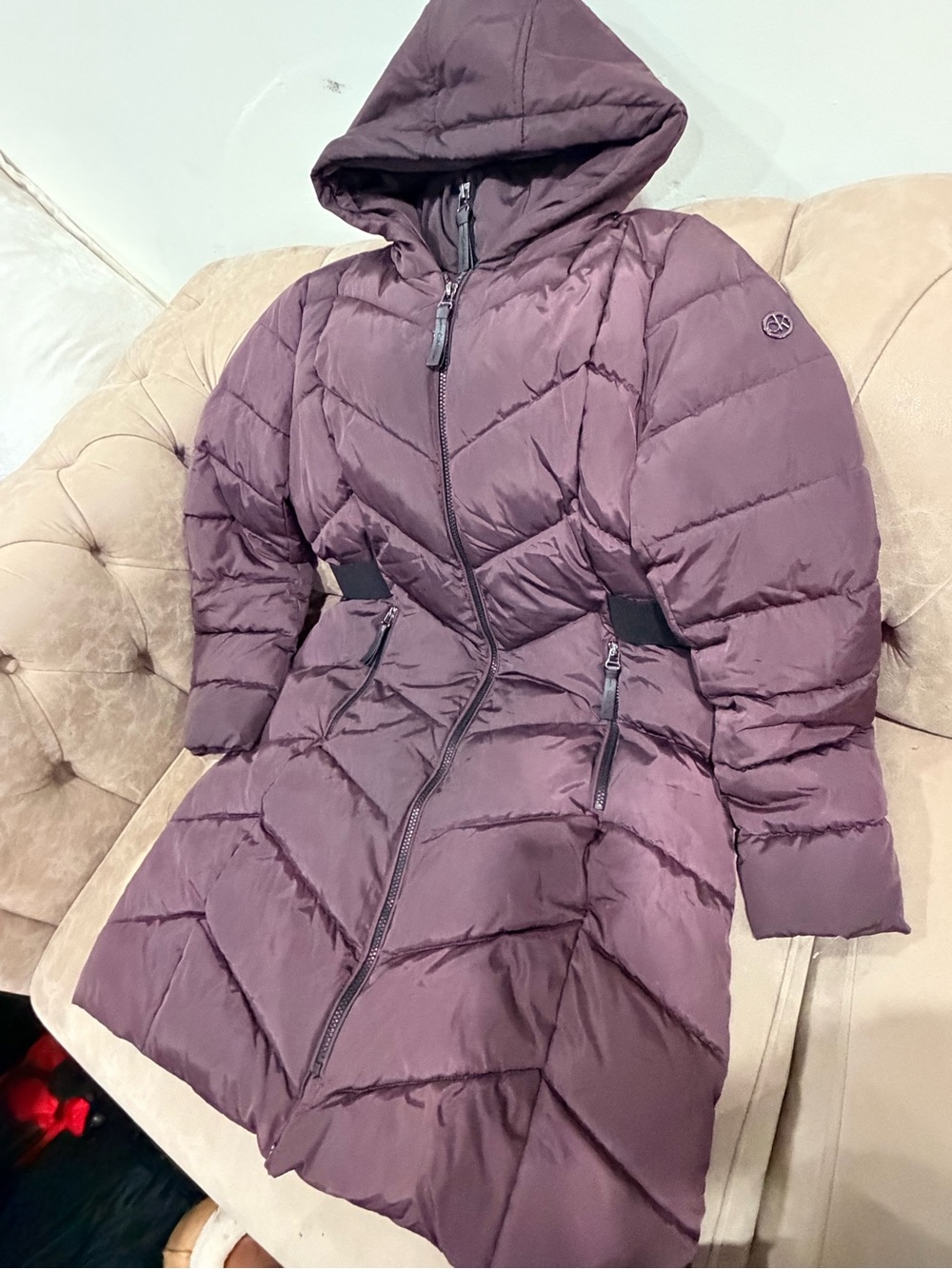Women's Hooded Long Puffer Coat in Deep Plum Calvin Klein